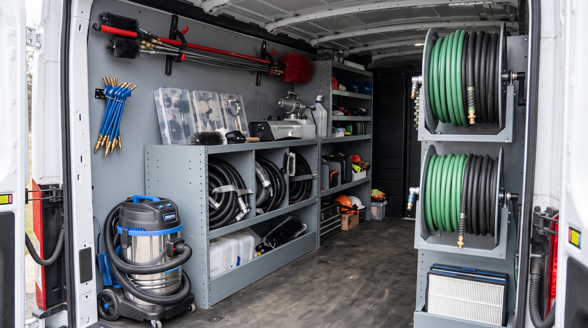 Inside the BH Air Duct Cleaning Metro Detroit equipment van — brush rods, air whips, and vacuum gear