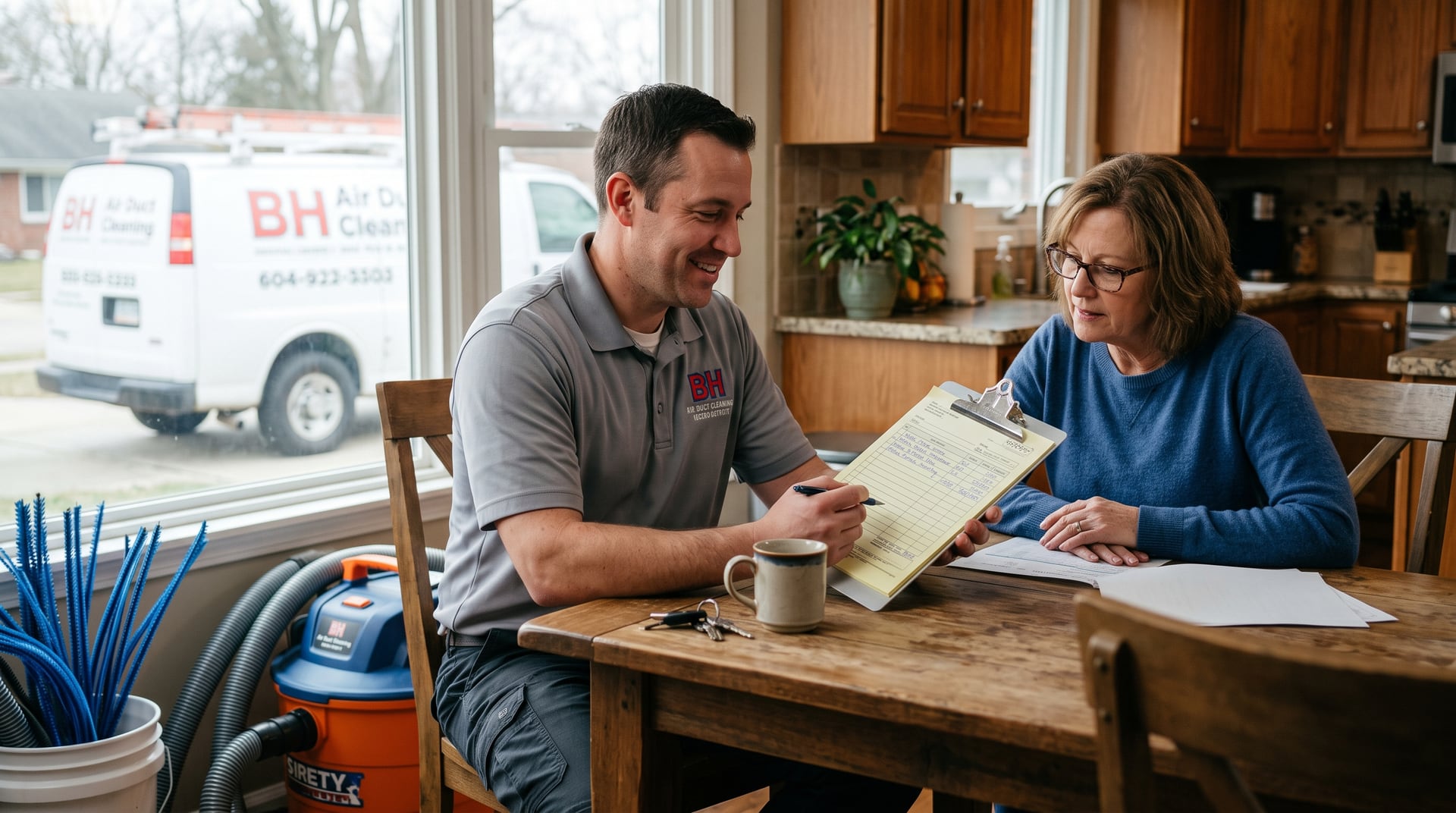 Air duct cleaning technician reviewing a written itemized estimate with a homeowner at their kitchen table.
