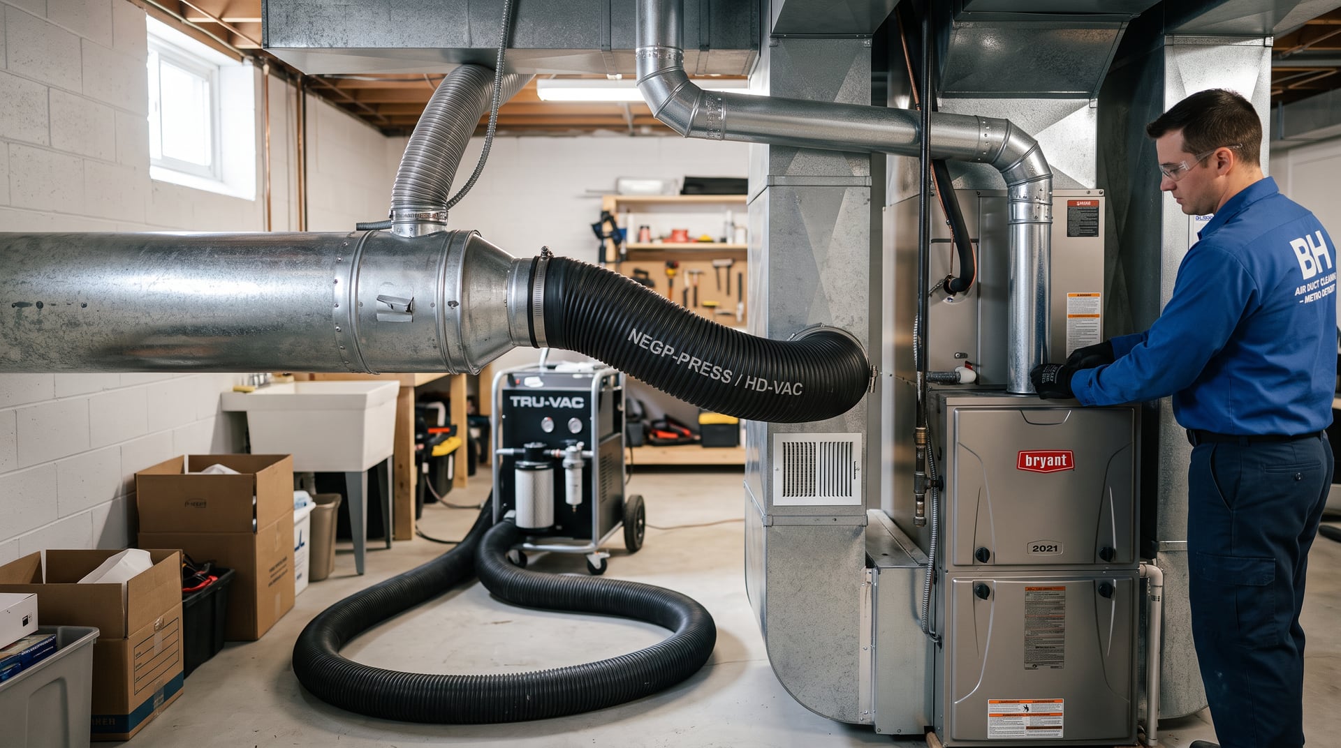 Negative-pressure duct cleaning vacuum unit connected to a furnace trunk line in a Michigan basement.
