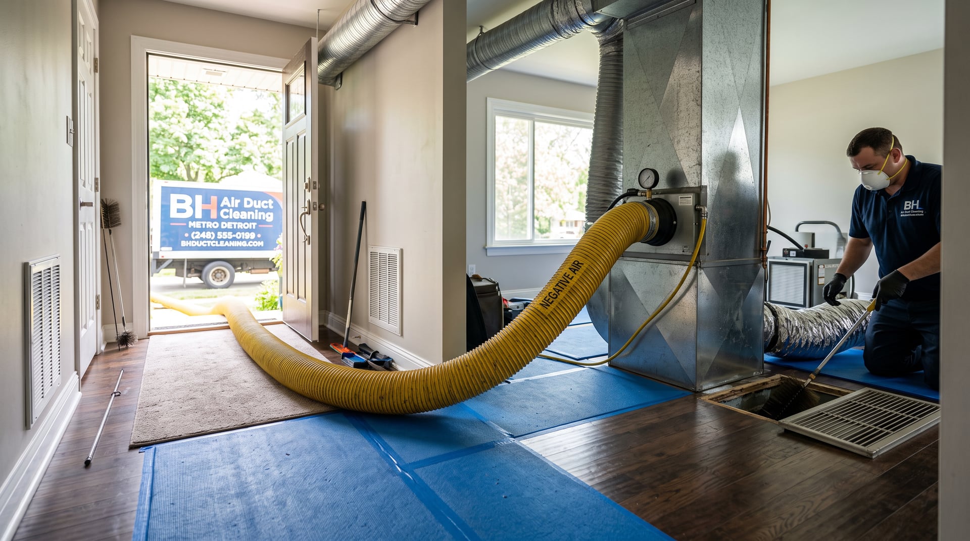 Technician feeding a rotary brush line into an open supply register while a negative-pressure hose runs to the basement.