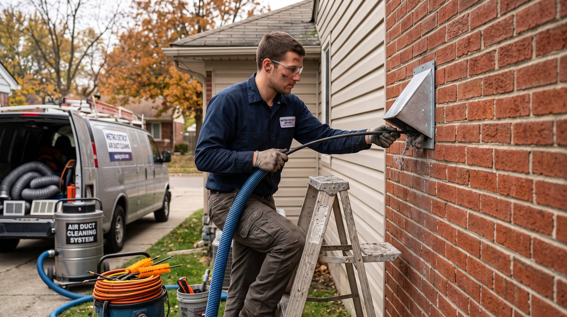 Technician holding a rotary brush and a pile of removed lint next to a disconnected dryer duct.