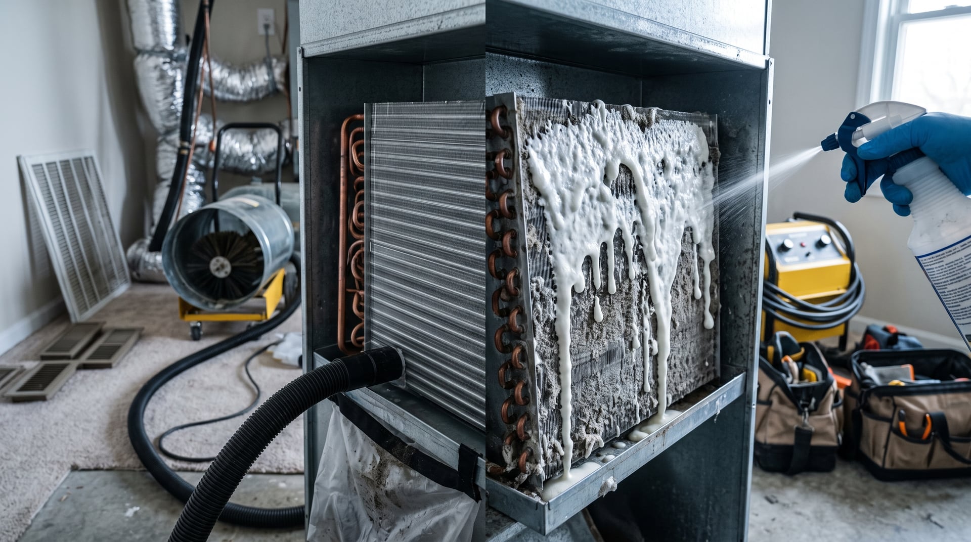 Technician cleaning an evaporator coil above a furnace with a coil cleaning tool and light.