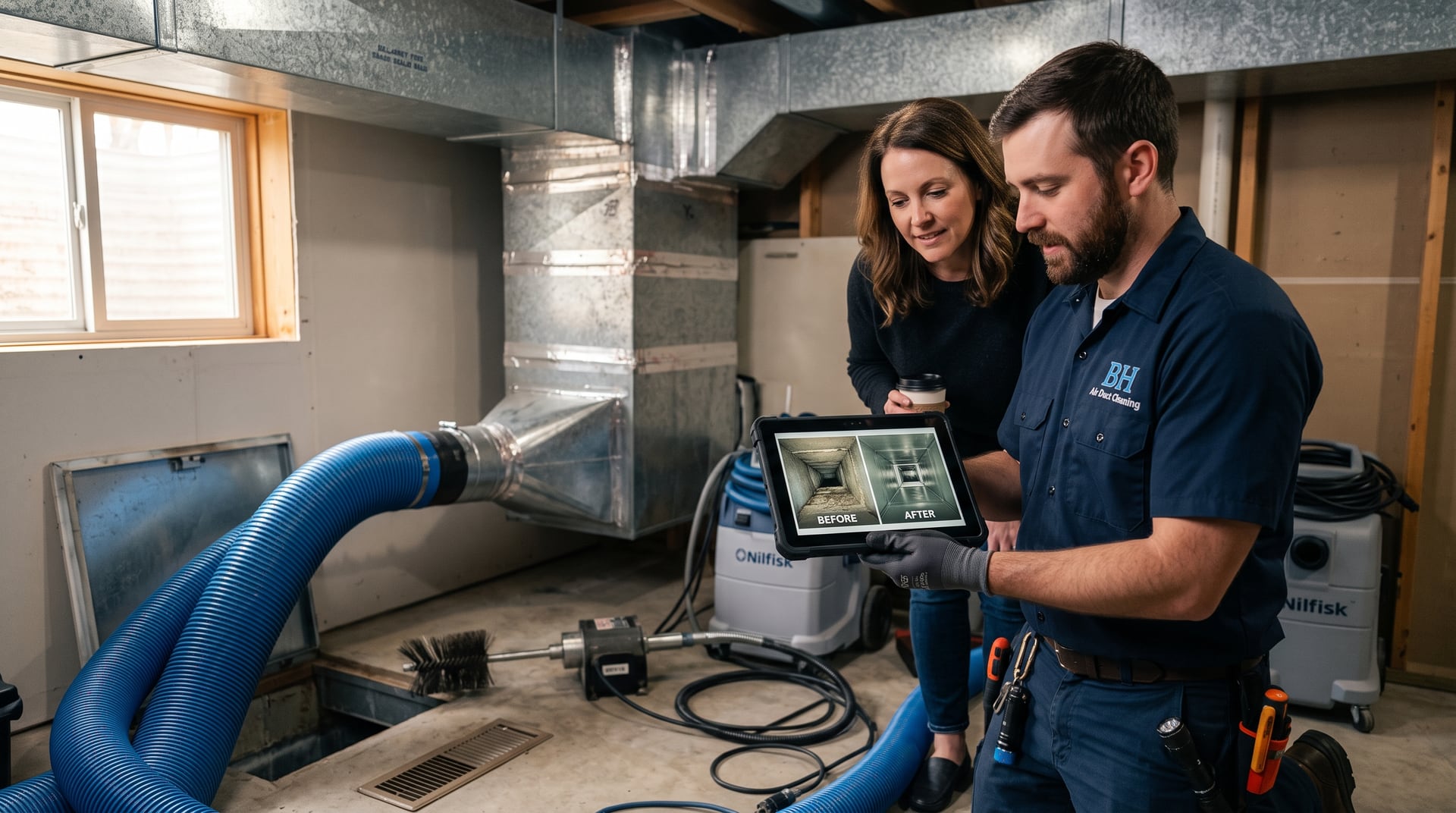 Uniformed technician showing a homeowner before-and-after duct photos on a tablet next to professional equipment.