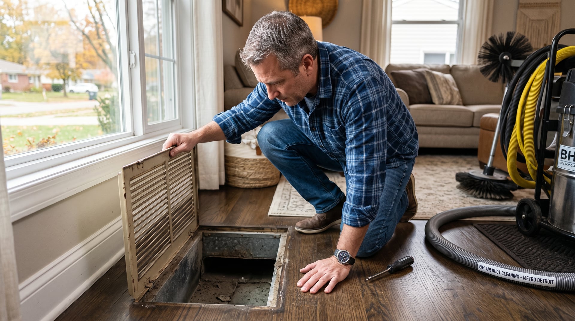 Technician removing a floor register in a Michigan living room to inspect the supply duct below.