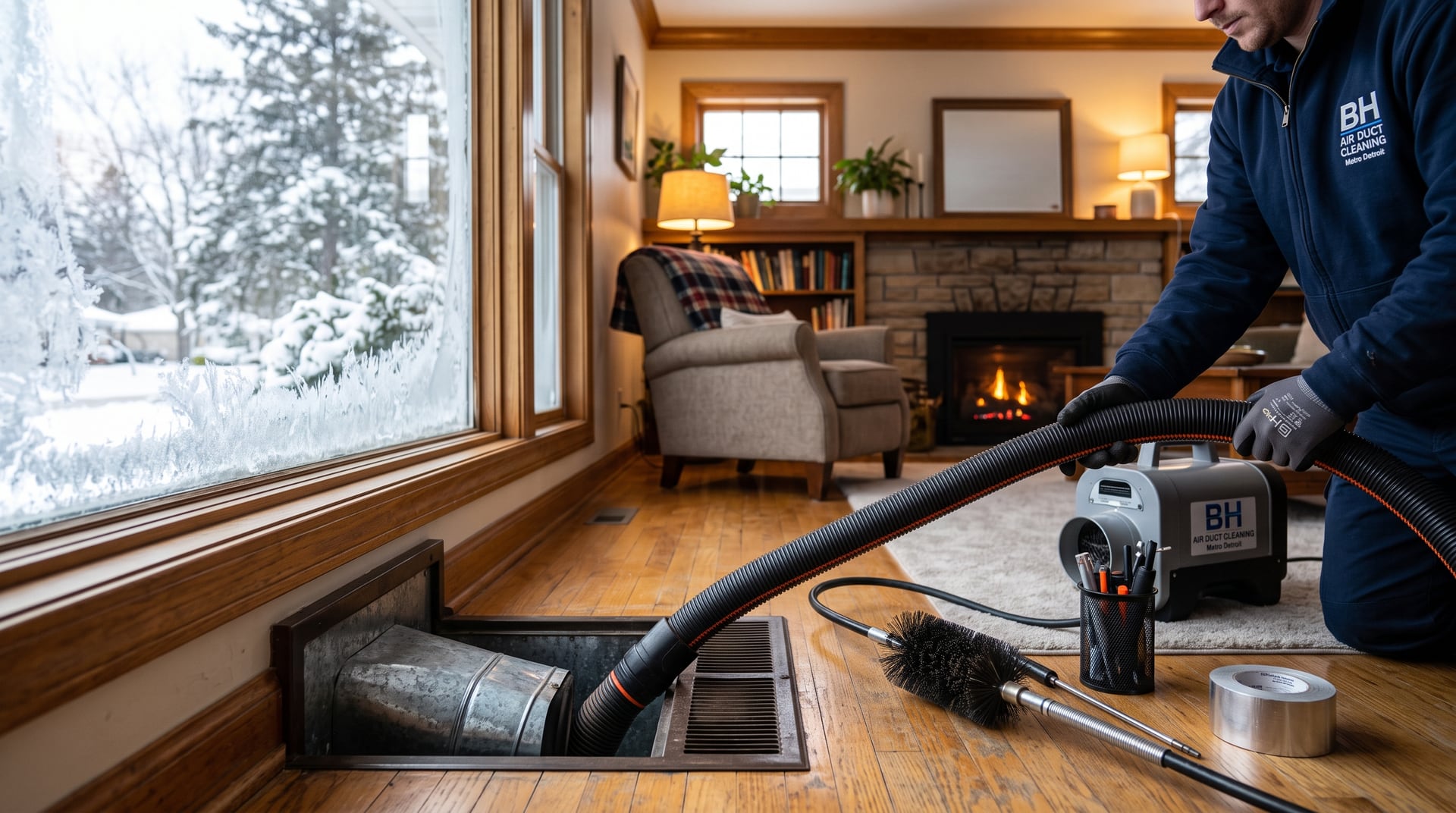 Frost-covered windows of a Michigan home at dusk with warm light inside, furnace exhaust steaming outside.