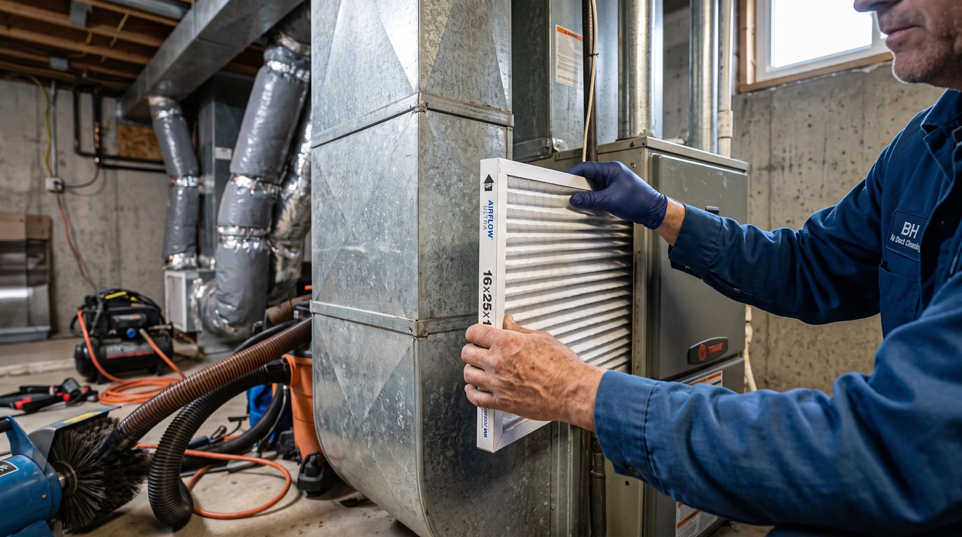 Hand replacing a clean pleated furnace filter in a basement furnace filter slot.
