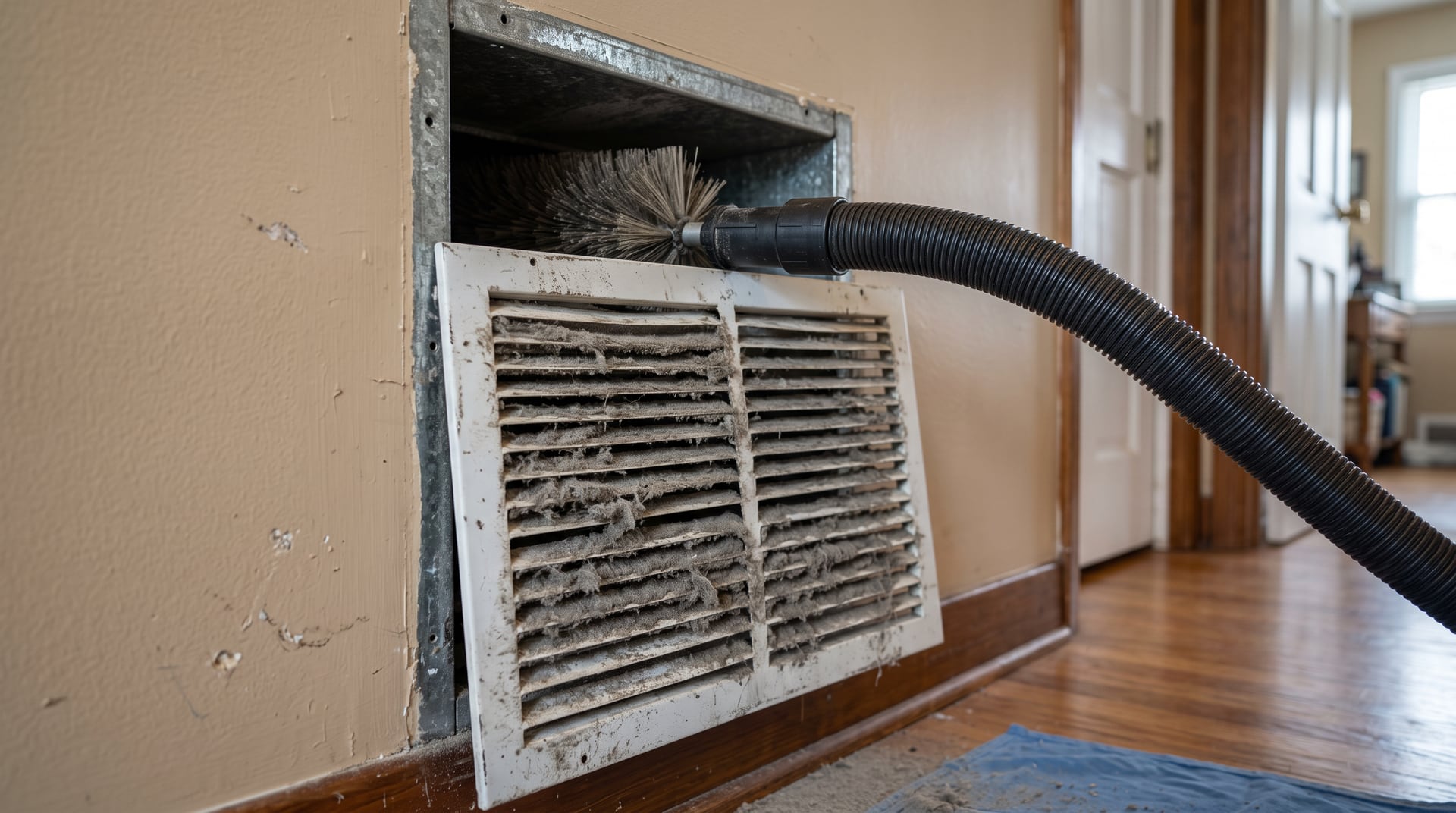 Close-up of a dusty supply register on a wall with visible dust streaks around the vent slats.