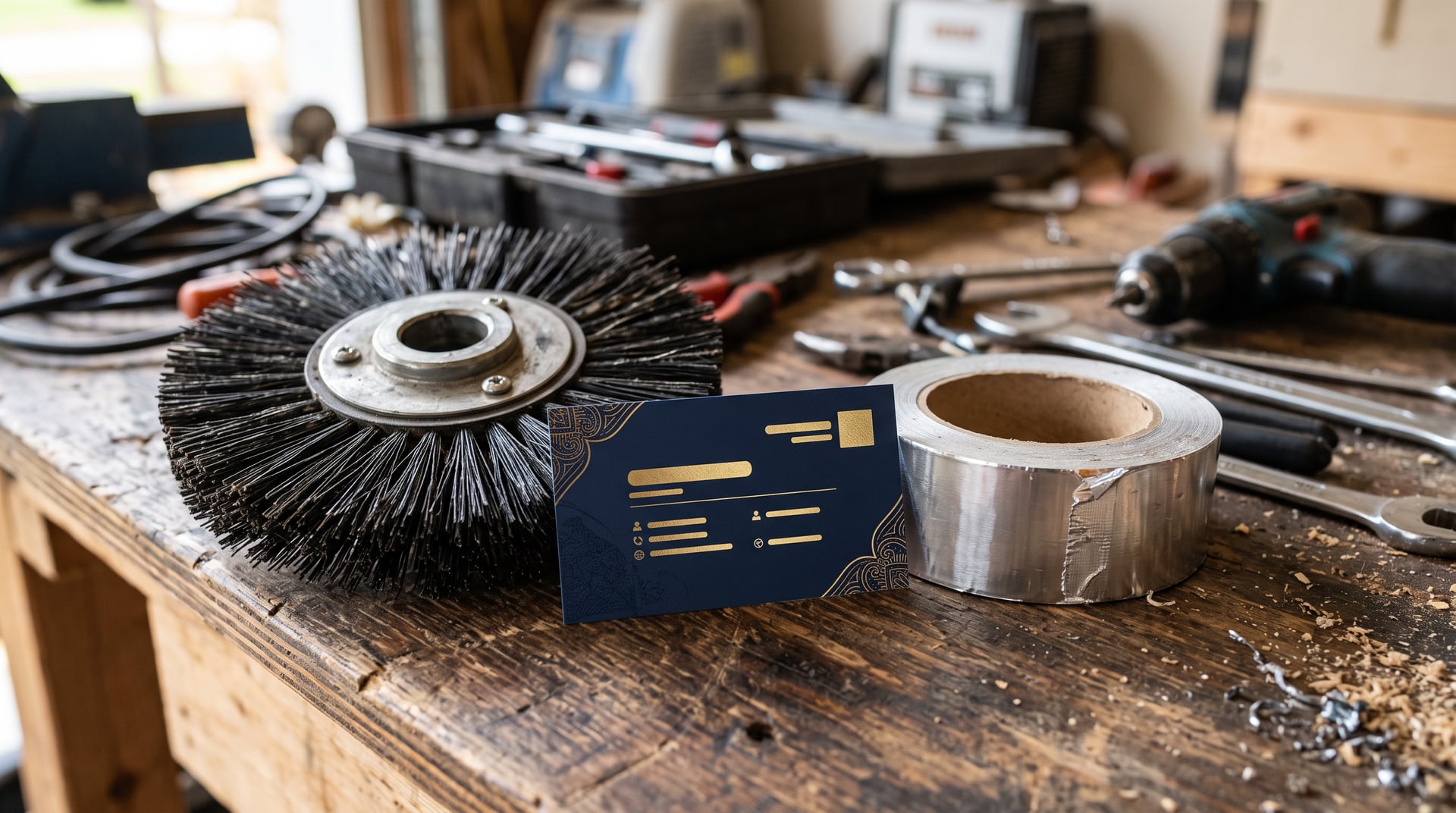 Business card mockup on workbench — BH Air Duct Cleaning Metro Detroit