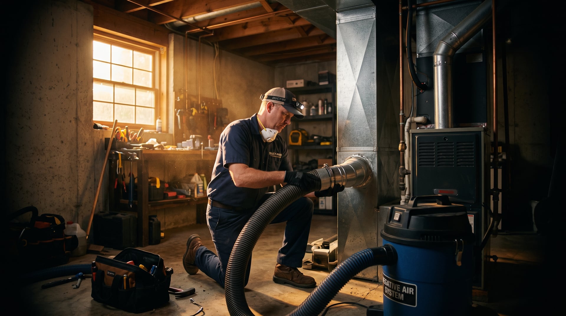 BH Air Duct Cleaning Metro Detroit technician connecting a negative-pressure vacuum to home ductwork