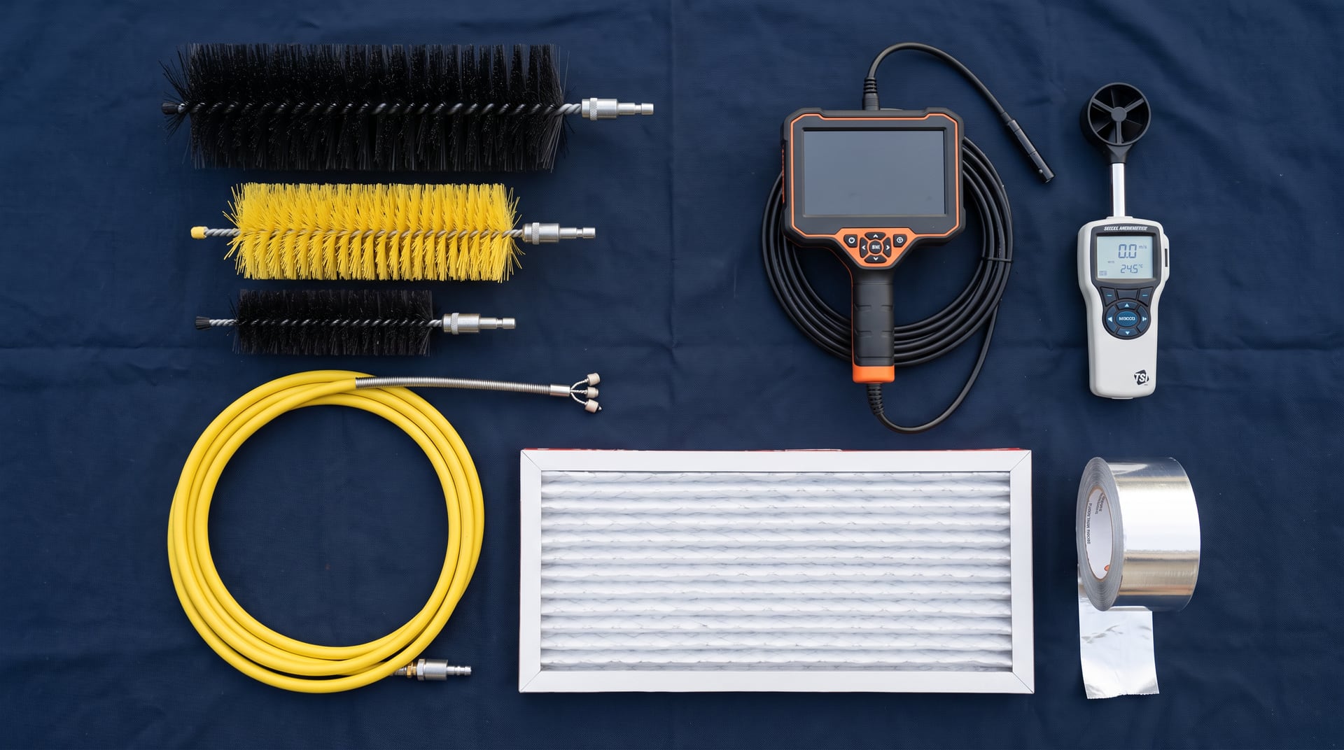 Air duct cleaning tools flat-lay — BH Air Duct Cleaning Metro Detroit