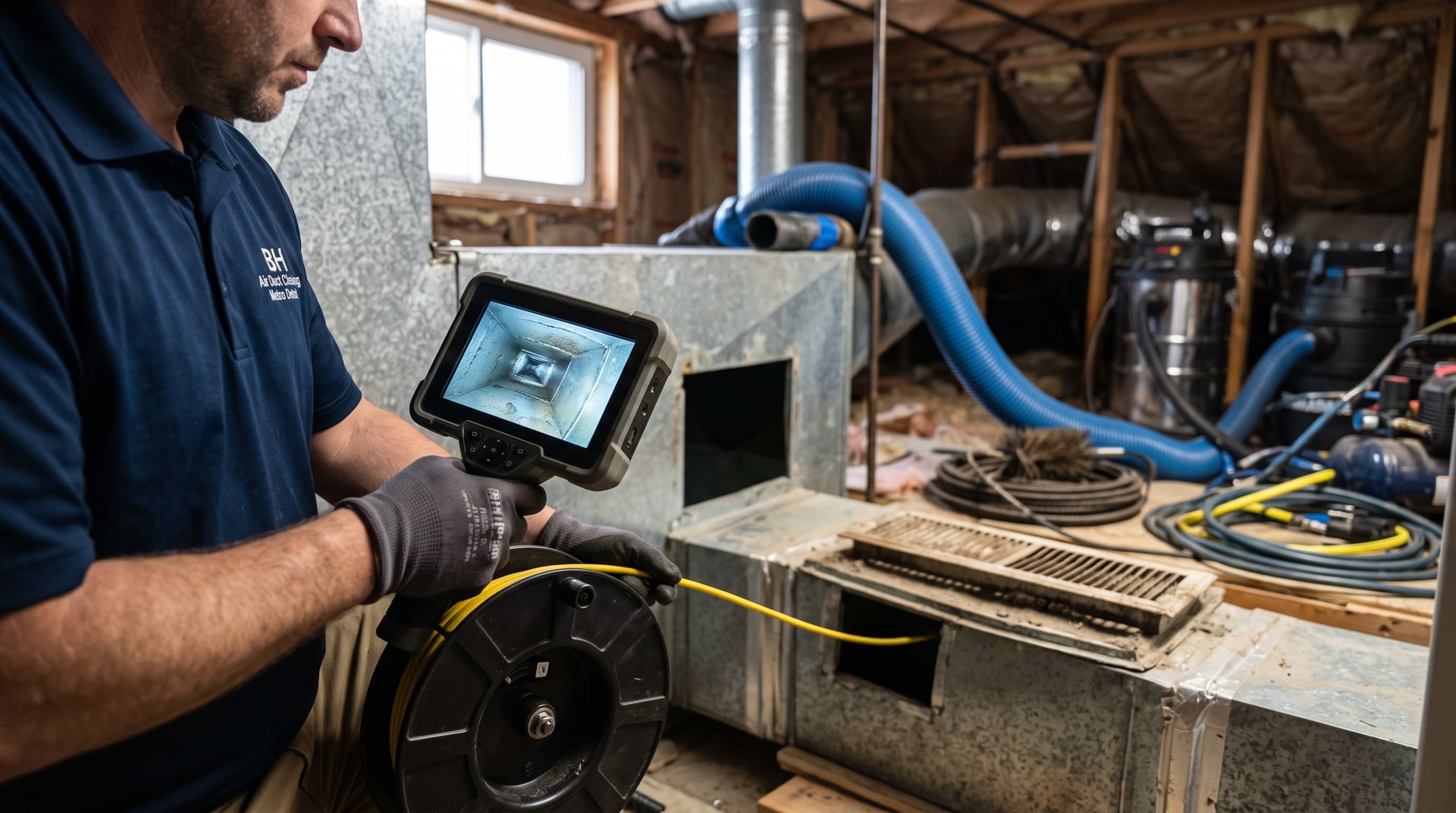 Duct inspection camera monitor showing duct interior — BH Air Duct Cleaning Metro Detroit, Metro Detroit, MI