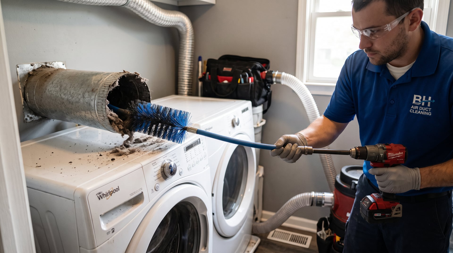 Rotary brush cleaning a dryer vent duct — BH Air Duct Cleaning Metro Detroit, Metro Detroit, MI