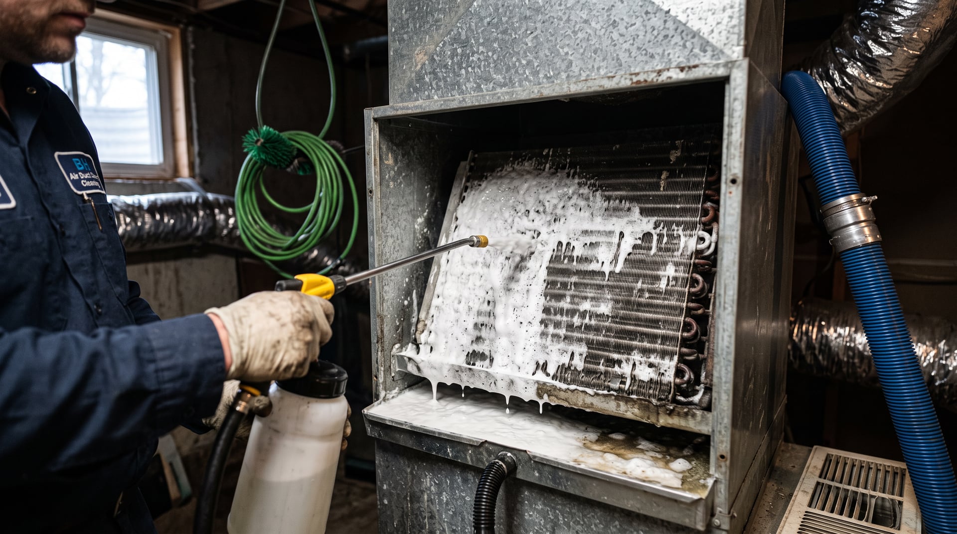 Evaporator coil foaming clean inside a furnace plenum — BH Air Duct Cleaning Metro Detroit, Metro Detroit, MI