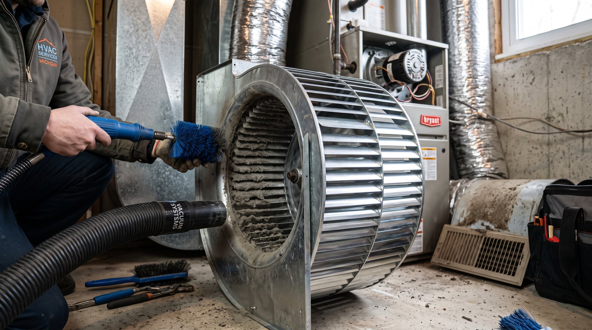 Furnace blower wheel cleaning, half dusty half clean — BH Air Duct Cleaning Metro Detroit, Metro Detroit, MI