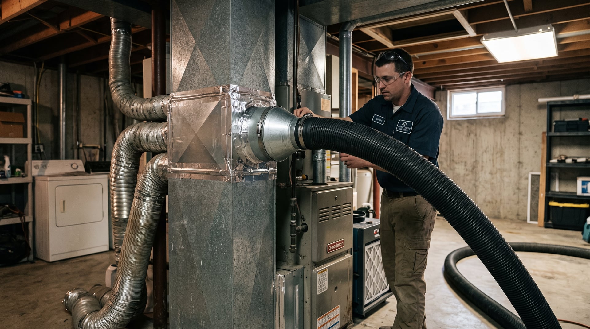 Negative-pressure duct cleaning vacuum connected to a furnace trunk line — BH Air Duct Cleaning Metro Detroit, Metro Detroit, MI