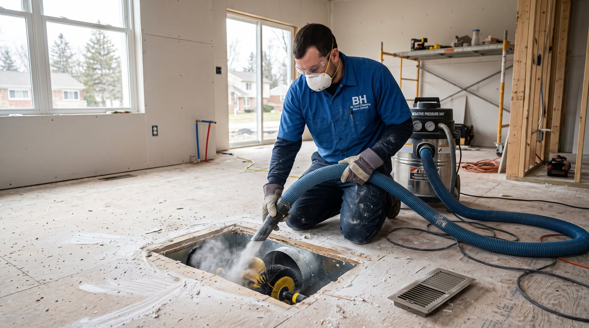 Post-construction drywall dust removal from floor ducts — BH Air Duct Cleaning Metro Detroit, Metro Detroit, MI