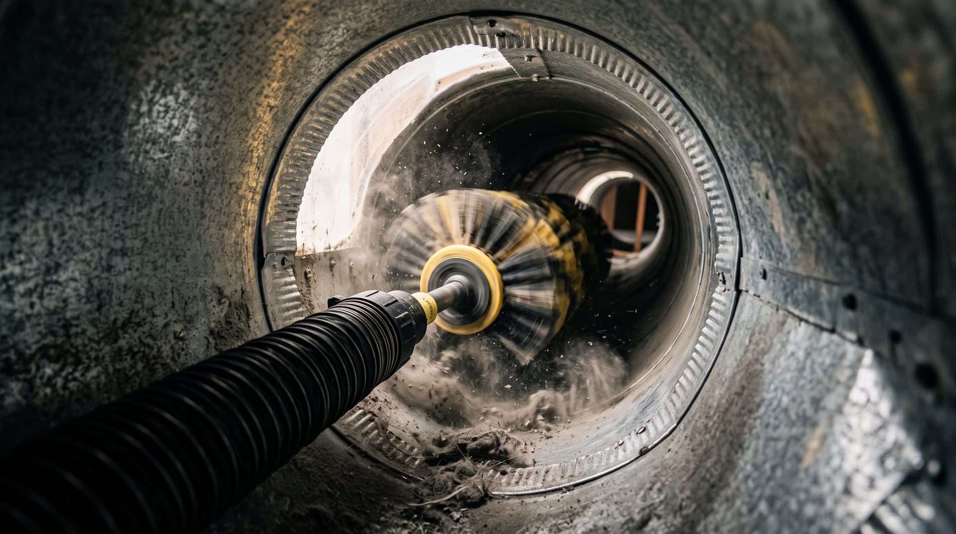 Rotary brush agitating dust inside an air duct — BH Air Duct Cleaning Metro Detroit, Metro Detroit, MI