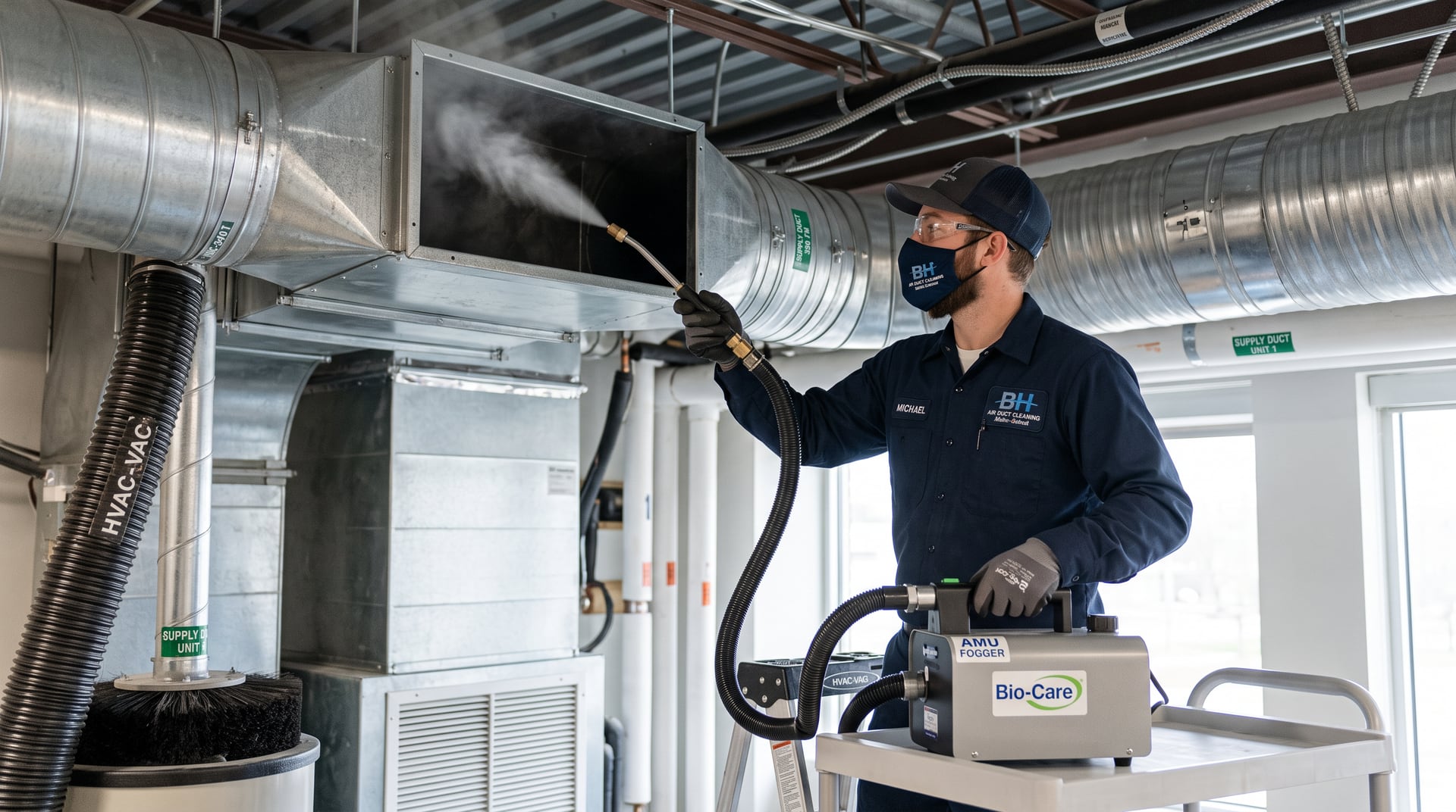 Antimicrobial fog applied into a supply duct — BH Air Duct Cleaning Metro Detroit, Metro Detroit, MI