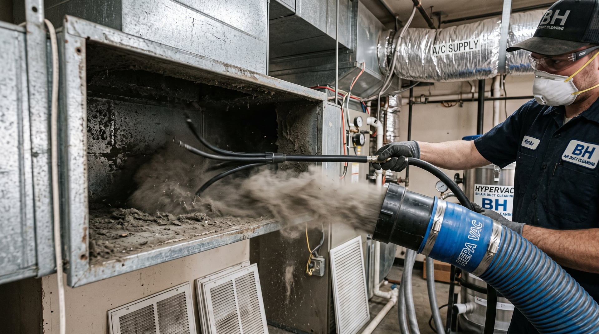 Compressed-air whip tool inside a trunk duct — BH Air Duct Cleaning Metro Detroit, Metro Detroit, MI