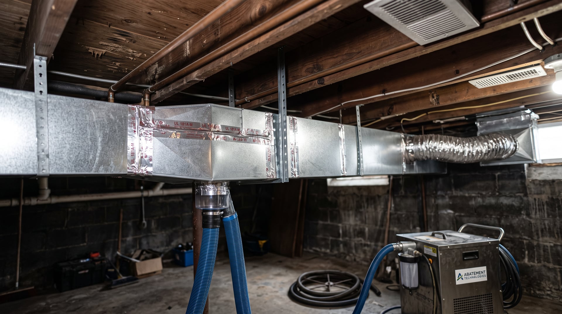 Clean sealed sheet-metal trunk duct in a basement — BH Air Duct Cleaning Metro Detroit, Metro Detroit, MI