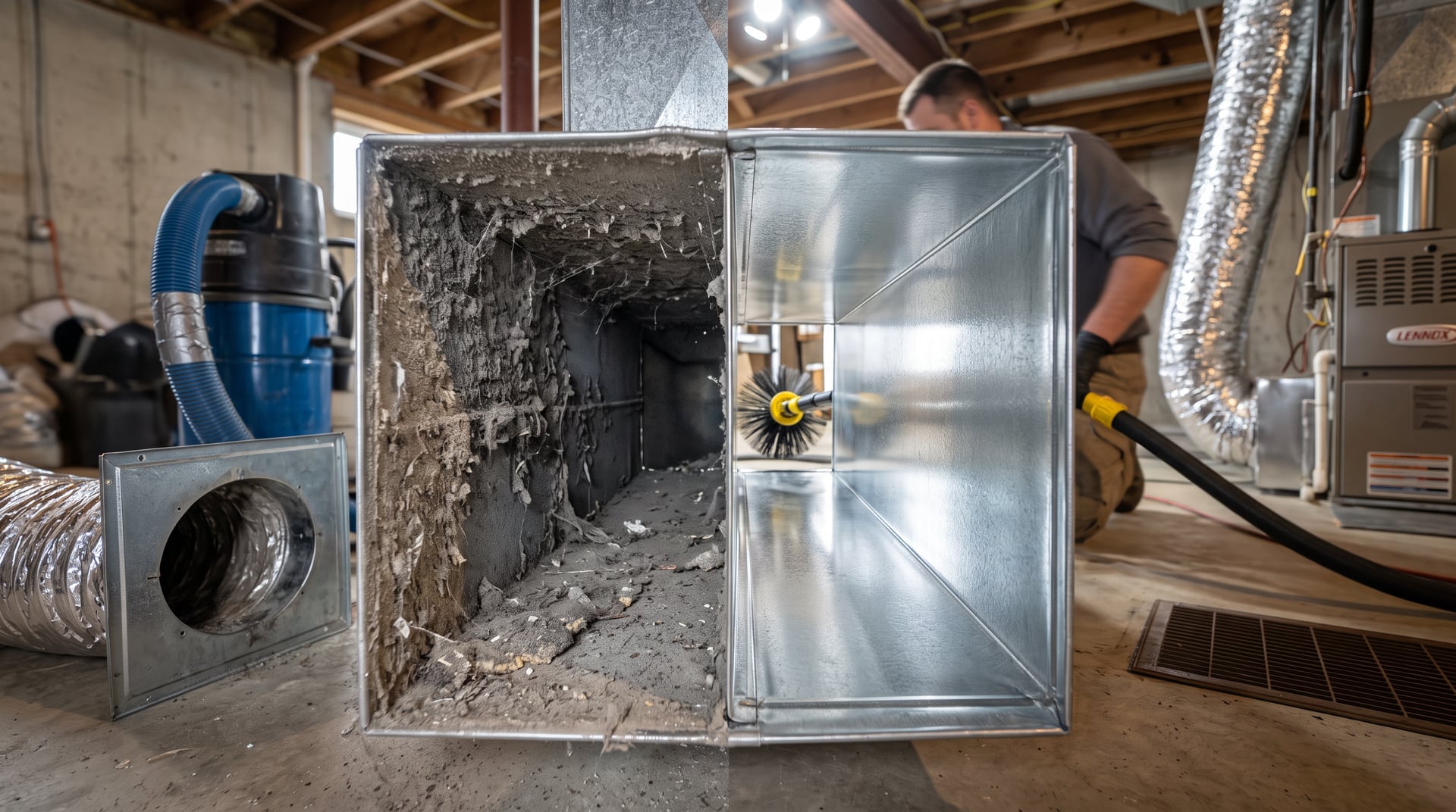 Before and after view inside a cleaned air duct — BH Air Duct Cleaning Metro Detroit, Metro Detroit, MI