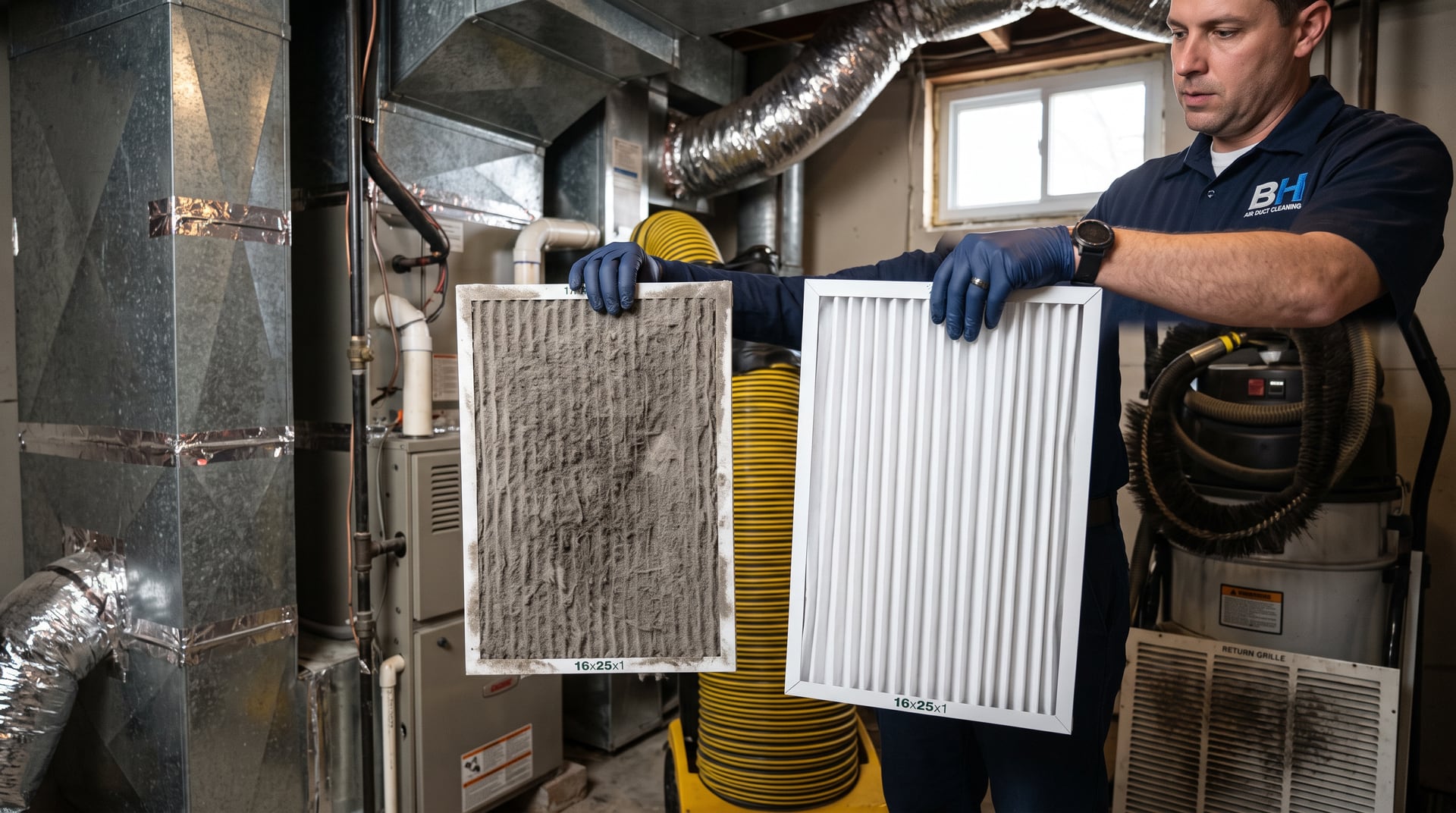 Dirty furnace filter next to a new clean filter — BH Air Duct Cleaning Metro Detroit, Metro Detroit, MI