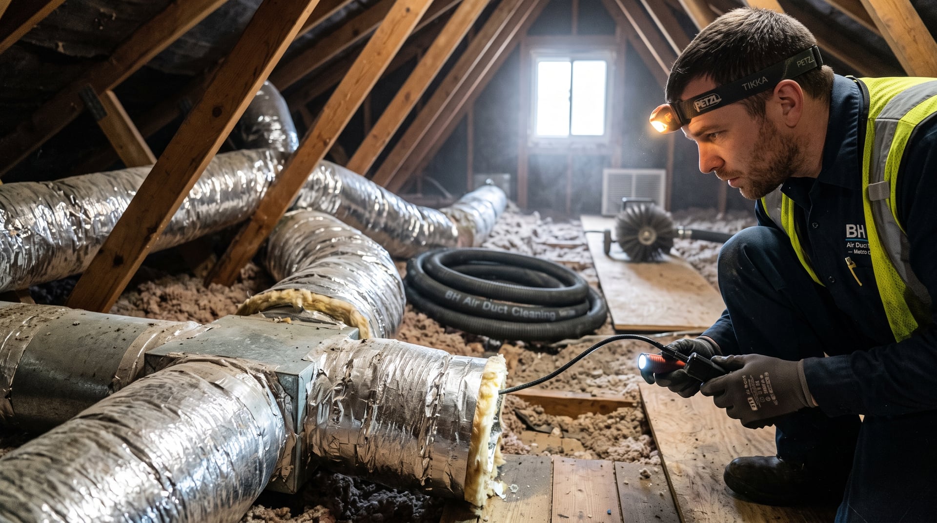 Flexible ductwork inspection in an attic — BH Air Duct Cleaning Metro Detroit, Metro Detroit, MI