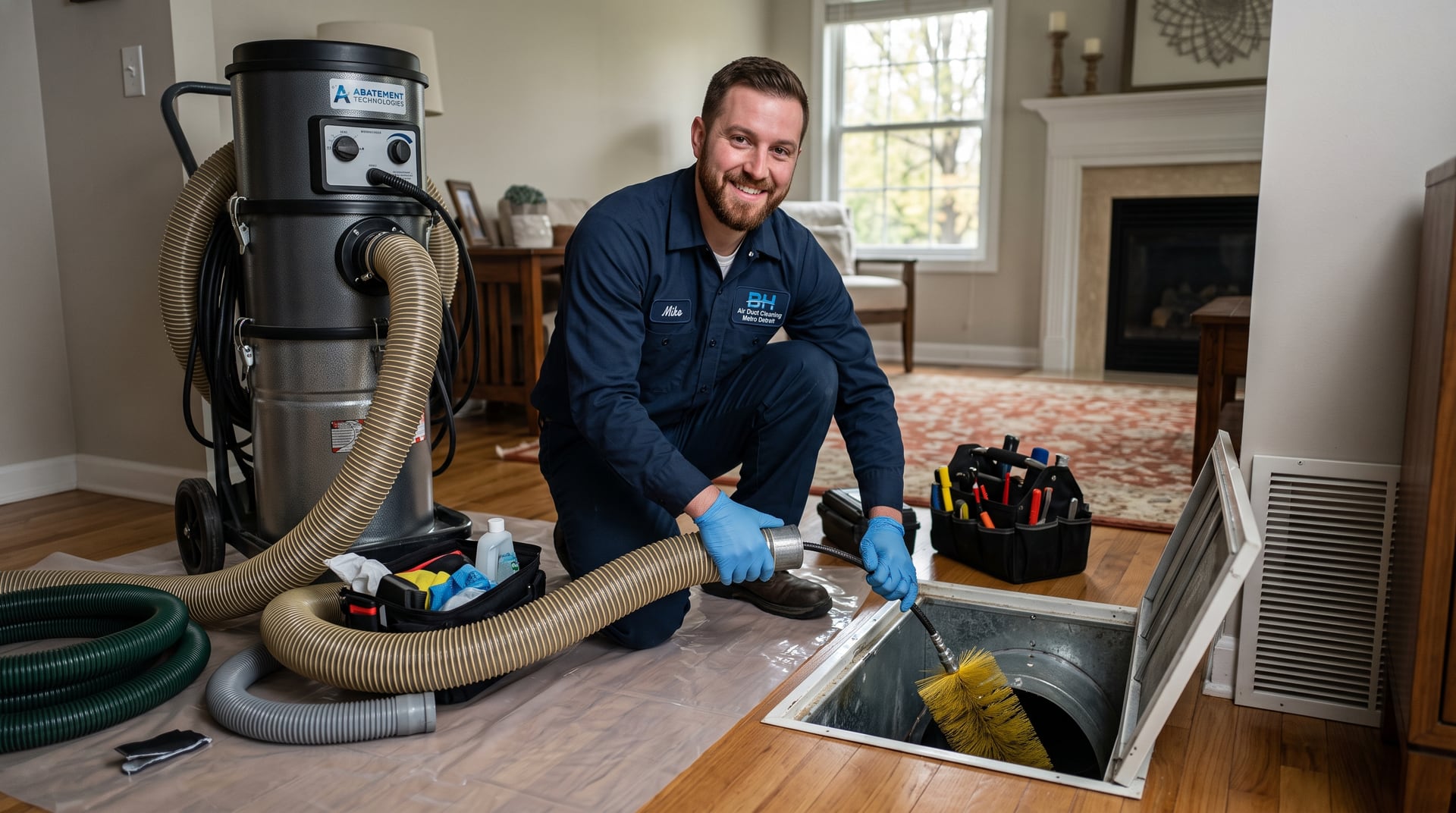 Duct cleaning technician setting up equipment — BH Air Duct Cleaning Metro Detroit, Metro Detroit, MI