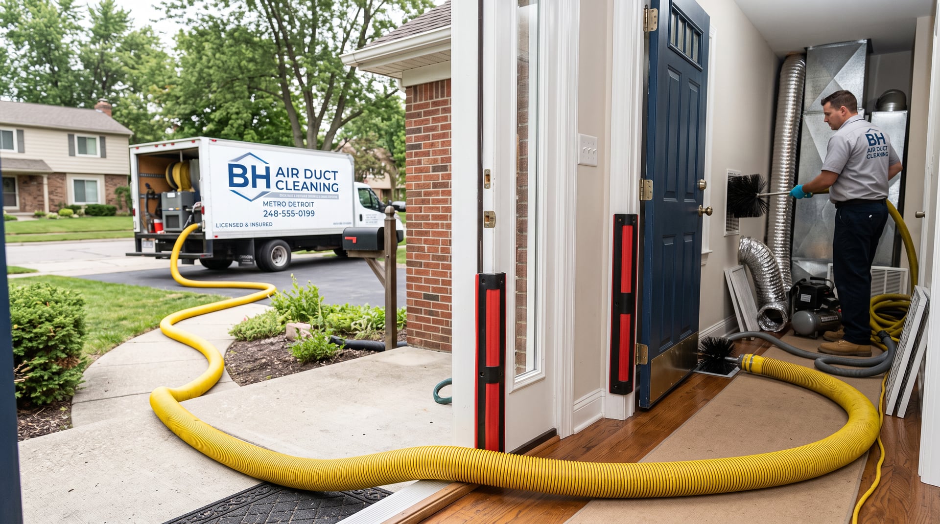 Duct cleaning vacuum hose running from truck into a home — BH Air Duct Cleaning Metro Detroit, Metro Detroit, MI